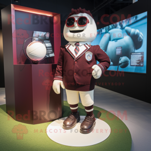 Maroon Rugby Ball mascot costume character dressed with a Blazer and Foot pads