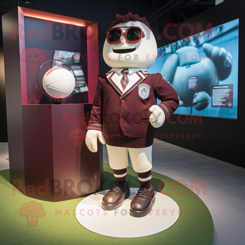 Maroon Rugby Ball mascot costume character dressed with a Blazer and Foot pads Maroon Rugby Ball mascot costume character dressed with a Blazer and Foot pads