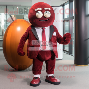 Maroon Rugby Ball mascot costume character dressed with a Blazer and Foot pads