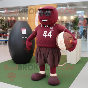 Maroon Rugby Ball mascot costume character dressed with a Blazer and Foot pads