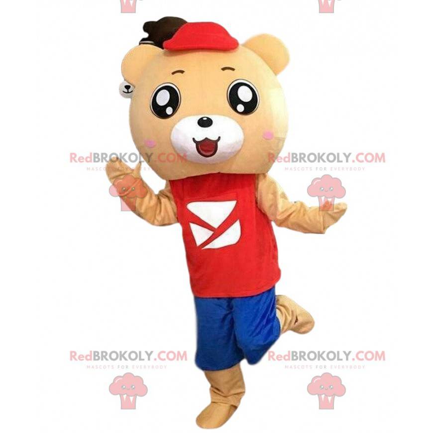 Beżowy miś maskotka w kolorowym stroju - Redbrokoly.com Beżowy miś maskotka w kolorowym stroju - Redbrokoly.com