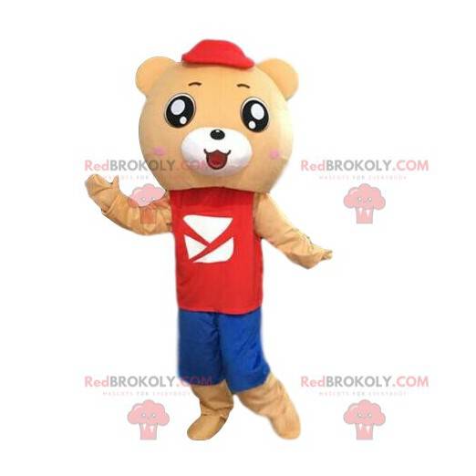 Bamse maskot beige i fargerikt antrekk - Redbrokoly.com