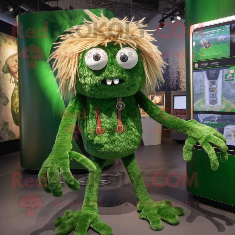 Forest Green Spider mascot costume character dressed with a Waistcoat and Hairpins Forest Green Spider mascot costume character dressed with a Waistcoat and Hairpins