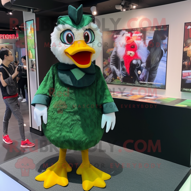 Forest Green Muscovy Duck mascot costume character dressed with a Romper and Hair clips Forest Green Muscovy Duck mascot costume character dressed with a Romper and Hair clips