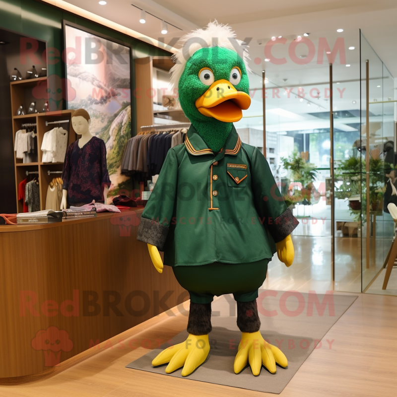 Forest Green Muscovy Duck mascot costume character dressed with a Romper and Hair clips