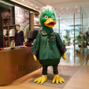 Forest Green Muscovy Duck mascot costume character dressed with a Romper and Hair clips