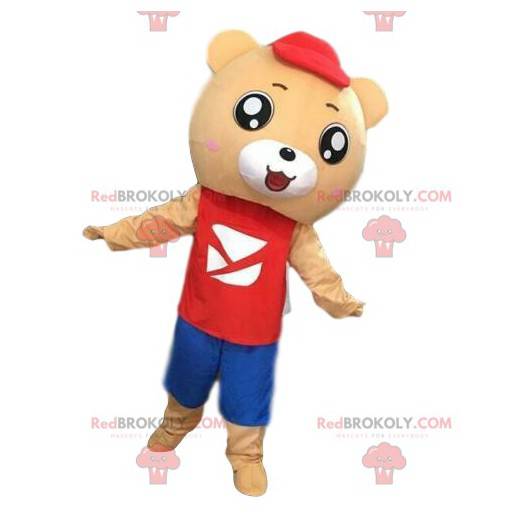 Bamse maskot beige i farverigt tøj - Redbrokoly.com