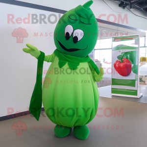 Green Pepper mascot costume character dressed with a A-Line Dress and Gloves
