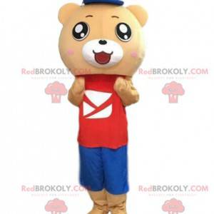 Beige colored teddy bear costume in colorful outfit -