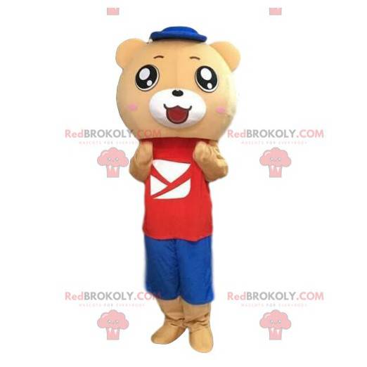 Beige colored teddy bear costume in colorful outfit -