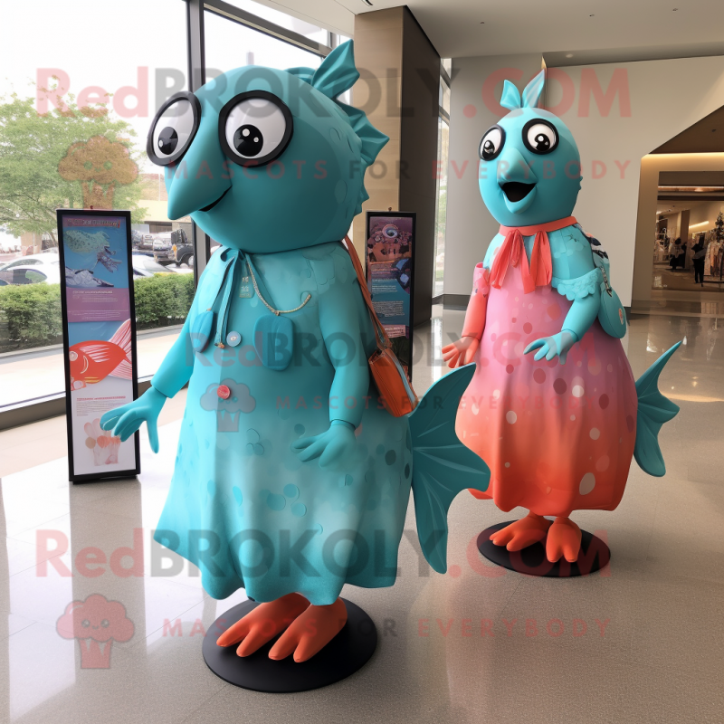 Turquoise Salmon mascot costume character dressed with a Shift Dress and Handbags Turquoise Salmon mascot costume character dressed with a Shift Dress and Handbags