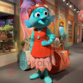 Turquoise Salmon mascot costume character dressed with a Shift Dress and Handbags