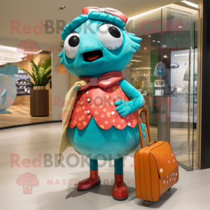 Turquoise Salmon mascot costume character dressed with a Shift Dress and Handbags