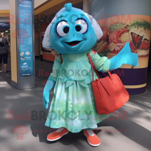 Turquoise Salmon mascot costume character dressed with a Shift Dress and Handbags