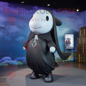 Black Beluga Whale mascot costume character dressed with a Waistcoat and Shawl pins