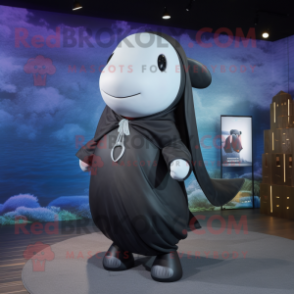 Black Beluga Whale mascot costume character dressed with a Waistcoat and Shawl pins