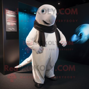 Black Beluga Whale mascot costume character dressed with a Waistcoat and Shawl pins