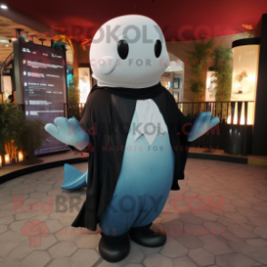 Black Beluga Whale mascot costume character dressed with a Waistcoat and Shawl pins