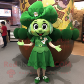 Olive Bunch Of Shamrocks mascot costume character dressed with a Mini Dress and Hat pins