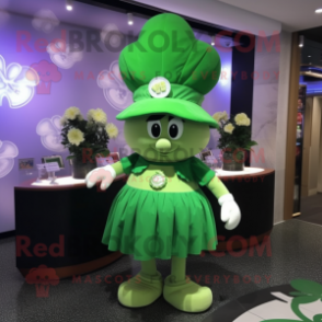 Olive Bunch Of Shamrocks mascot costume character dressed with a Mini Dress and Hat pins