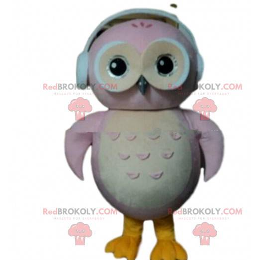 Pink og hvid ugle maskot med hovedtelefoner - Redbrokoly.com