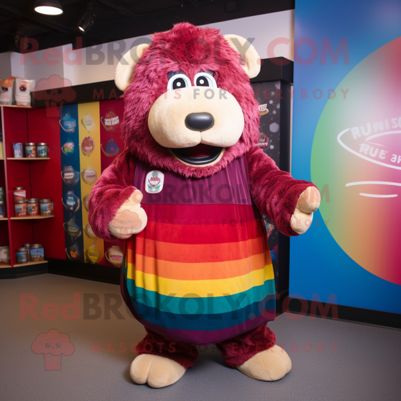 Maroon Rainbow mascot costume character dressed with a Rugby Shirt and Shawl pins Maroon Rainbow mascot costume character dressed with a Rugby Shirt and Shawl pins