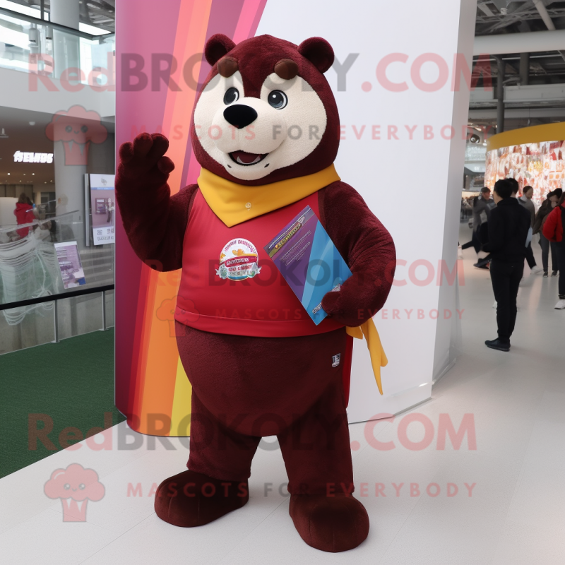 Maroon Rainbow mascot costume character dressed with a Rugby Shirt and Shawl pins Maroon Rainbow mascot costume character dressed with a Rugby Shirt and Shawl pins