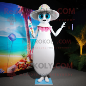 White Surfboard mascot costume character dressed with a Cocktail Dress and Hats