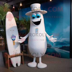 White Surfboard mascot costume character dressed with a Cocktail Dress and Hats