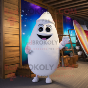 White Surfboard mascot costume character dressed with a Cocktail Dress and Hats