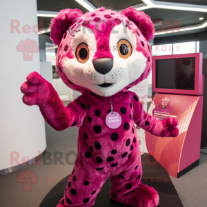 Magenta Cheetah mascot costume character dressed with a Playsuit and Brooches