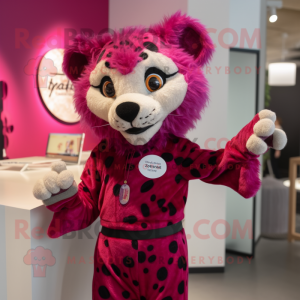 Magenta Cheetah mascot costume character dressed with a Playsuit and Brooches