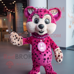 Magenta Cheetah mascot costume character dressed with a Playsuit and Brooches