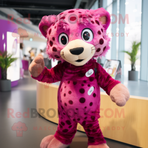 Magenta Cheetah mascot costume character dressed with a Playsuit and Brooches