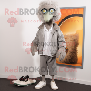 Gray Emu mascot costume character dressed with a Blazer and Shoe laces