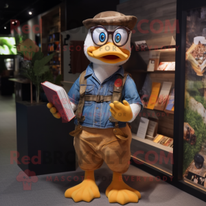 Brown Muscovy Duck mascot costume character dressed with a Jeans and Reading glasses