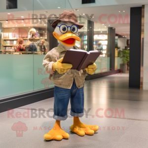 Brown Muscovy Duck mascot costume character dressed with a Jeans and Reading glasses