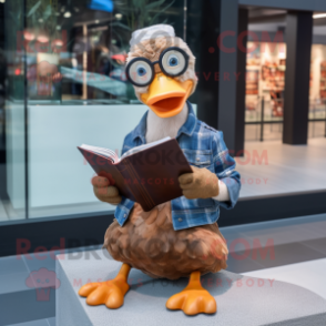 Brown Muscovy Duck mascot costume character dressed with a Jeans and Reading glasses