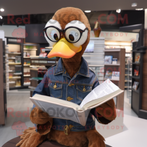 Brown Muscovy Duck mascot costume character dressed with a Jeans and Reading glasses