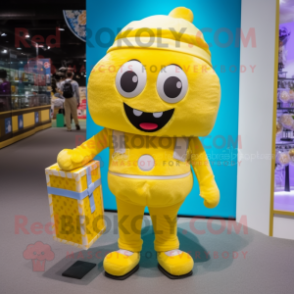 Lemon Yellow Candy Box mascot costume character dressed with a Corduroy Pants and Clutch bags