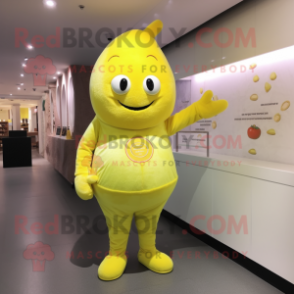 Lemon Yellow Candy Box mascot costume character dressed with a Corduroy Pants and Clutch bags