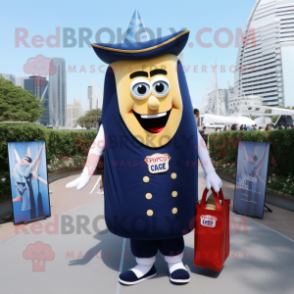 Navy French Fries mascot costume character dressed with a Pencil Skirt and Backpacks