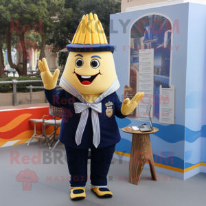 Navy French Fries mascot costume character dressed with a Pencil Skirt and Backpacks