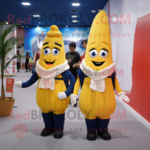 Navy French Fries mascot costume character dressed with a Pencil Skirt and Backpacks