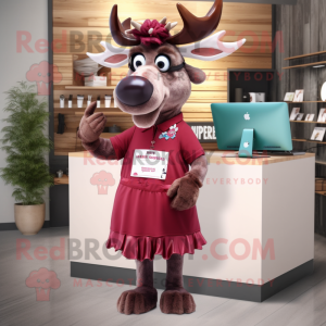 Maroon Moose mascot costume character dressed with a A-Line Skirt and Reading glasses