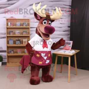 Maroon Moose mascot costume character dressed with a A-Line Skirt and Reading glasses