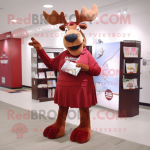 Maroon Moose mascot costume character dressed with a A-Line Skirt and Reading glasses