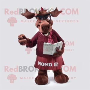 Maroon Moose mascot costume character dressed with a A-Line Skirt and Reading glasses