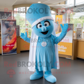 Sky Blue Tikka Masala mascot costume character dressed with a Culottes and Hats