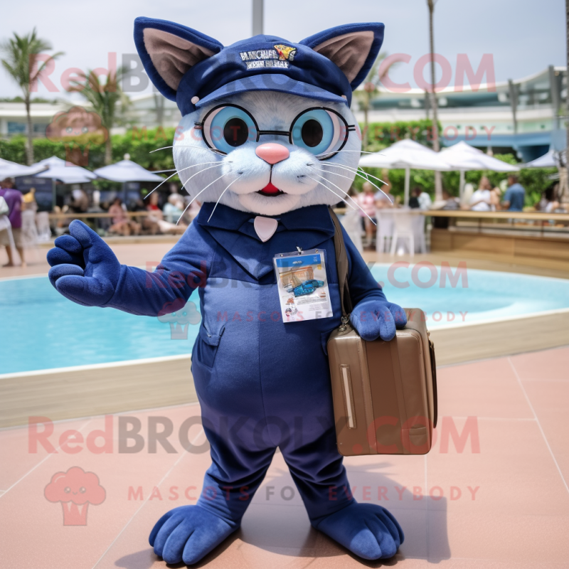 Navy Cat mascot costume character dressed with a One-Piece Swimsuit and Wallets Navy Cat mascot costume character dressed with a One-Piece Swimsuit and Wallets